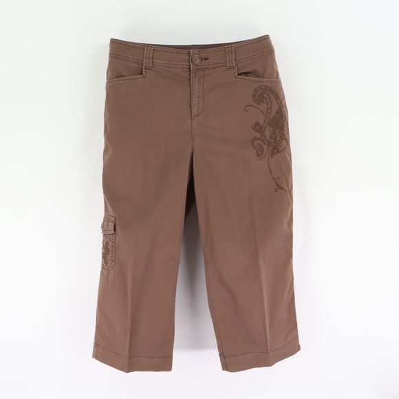 croft & barrow Pants - Croft & Barrow Capri Pants Womens Sz 8 Brown Cotton Embroidered Pockets Mid Rise